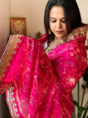 Hot Pink Handwoven Rajkot Patola with Gotapatti Handwork in Pure Silk