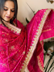 Hot Pink Handwoven Rajkot Patola with Gotapatti Handwork in Pure Silk