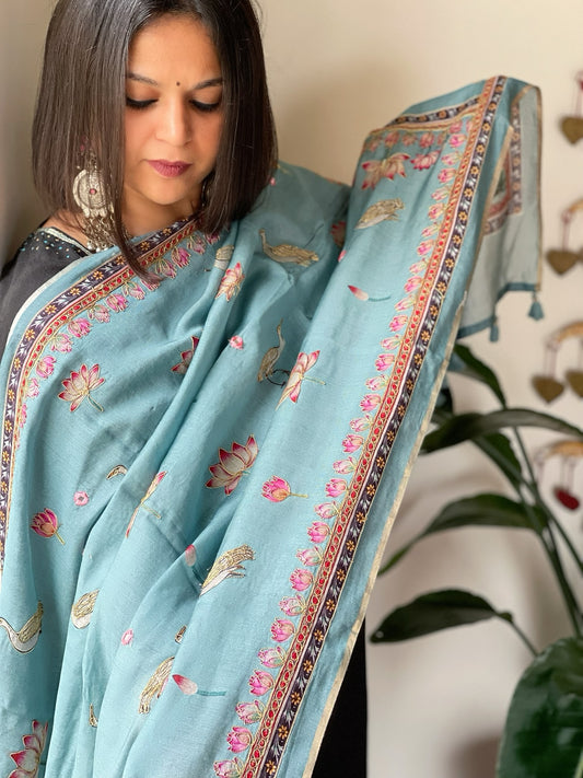 Sky Blue Printed Kalamkari Dupatta in Chanderi Silk with Thread and Real Mirror Embroidery