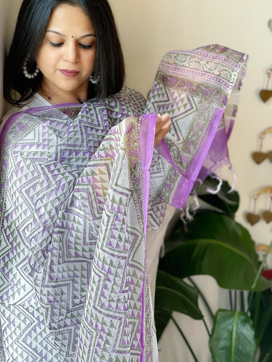 White, Purple Kota Cotton Handblock Printed Dupatta