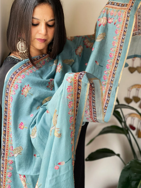 Sky Blue Printed Kalamkari Dupatta in Chanderi Silk with Thread and Real Mirror Embroidery