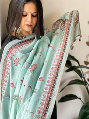 Aqua Blue Printed Kalamkari Dupatta in Chanderi Silk with Thread and Real Mirror Embroidery