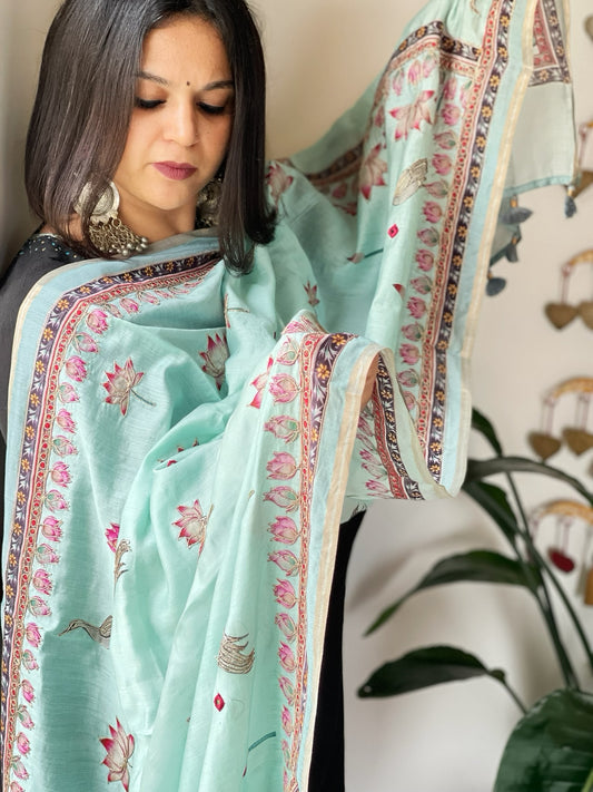 Aqua Blue Printed Kalamkari Dupatta in Chanderi Silk with Thread and Real Mirror Embroidery