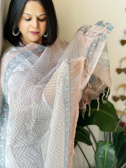 Lite Brown, White Kota Cotton Handblock Printed Dupatta