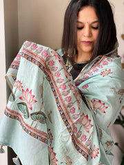 Aqua Blue Printed Kalamkari Dupatta in Chanderi Silk with Thread and Real Mirror Embroidery