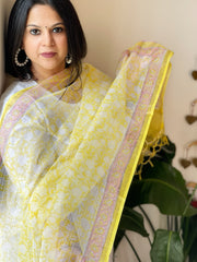 Yellow, White Kota Cotton Handblock Printed Dupatta