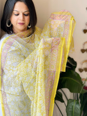 Yellow, White Kota Cotton Handblock Printed Dupatta