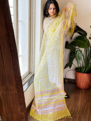 Yellow, White Kota Cotton Handblock Printed Dupatta