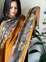 Mustard Printed Kalamkari Dupatta in Chanderi Silk with Thread and Real Mirror Embroidery