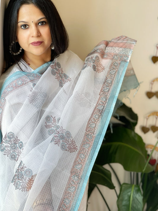 White, Blue Kota Cotton Handblock Printed Dupatta