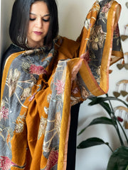 Mustard Printed Kalamkari Dupatta in Chanderi Silk with Thread and Real Mirror Embroidery