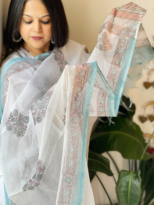 White, Blue Kota Cotton Handblock Printed Dupatta
