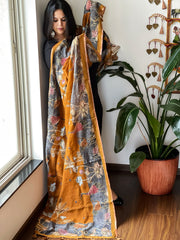 Mustard Printed Kalamkari Dupatta in Chanderi Silk with Thread and Real Mirror Embroidery