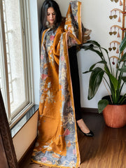 Mustard Printed Kalamkari Dupatta in Chanderi Silk with Thread and Real Mirror Embroidery