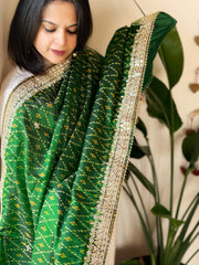 Green Handwoven Rajkot Patola with Gotapatti Handwork in Pure Silk