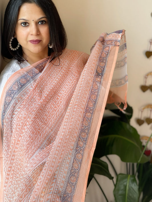 Orange, White Kota Cotton Handblock Printed Dupatta