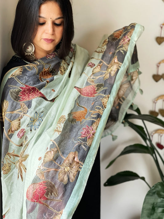 Aqua Green Printed Kalamkari Dupatta in Chanderi Silk with Thread and Real Mirror Embroidery