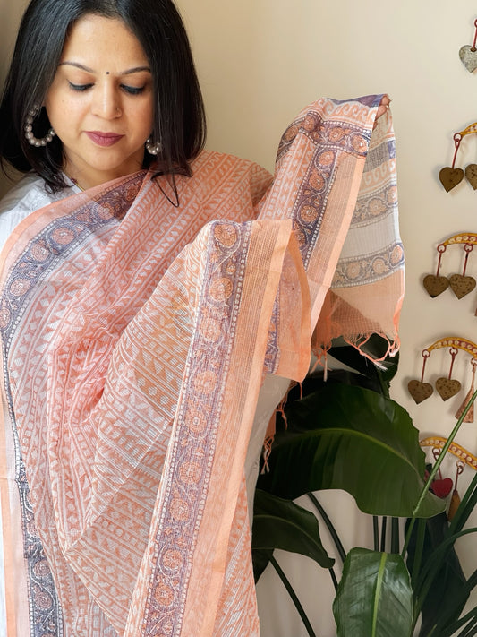 Orange, White Kota Cotton Handblock Printed Dupatta