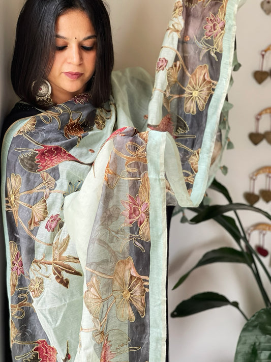 Aqua Green Printed Kalamkari Dupatta in Chanderi Silk with Thread and Real Mirror Embroidery