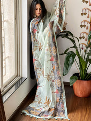 Aqua Green Printed Kalamkari Dupatta in Chanderi Silk with Thread and Real Mirror Embroidery