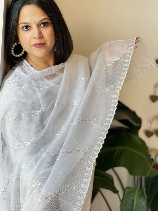 White Kota Cotton Dupatta with Cut Work