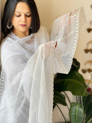 White Kota Cotton Dupatta with Cut Work