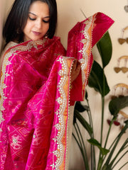 Hot Pink Handwoven Rajkot Patola with Gotapatti Handwork in Pure Silk