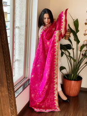 Hot Pink Handwoven Rajkot Patola with Gotapatti Handwork in Pure Silk