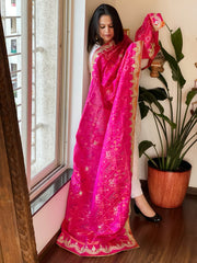 Hot Pink Handwoven Rajkot Patola with Gotapatti Handwork in Pure Silk