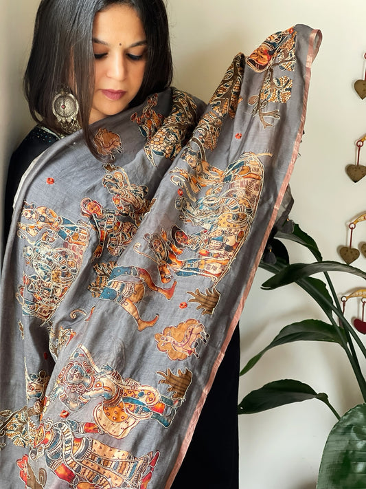 Grey Printed Kalamkari Dupatta in Chanderi Silk with Thread and Real Mirror Embroidery