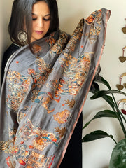 Grey Printed Kalamkari Dupatta in Chanderi Silk with Thread and Real Mirror Embroidery