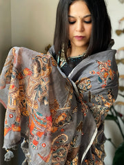 Grey Printed Kalamkari Dupatta in Chanderi Silk with Thread and Real Mirror Embroidery