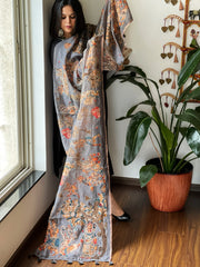 Grey Printed Kalamkari Dupatta in Chanderi Silk with Thread and Real Mirror Embroidery