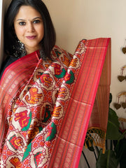 Beige Printed Patola Dupatta in Fine Art Silk