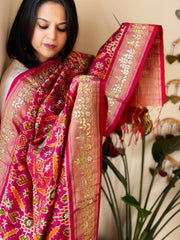 Pink Handwoven Ikat Patola with Gotapatti & Pearl Handwork dupatta in Pure Silk