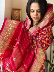 Pink Handwoven Ikat Patola with Gotapatti & Pearl Handwork dupatta in Pure Silk