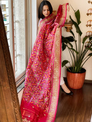 Pink Handwoven Ikat Patola with Gotapatti & Pearl Handwork dupatta in Pure Silk