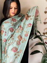 Aqua Blue Printed Kalamkari Dupatta in Chanderi Silk with Thread and Real Mirror Embroidery