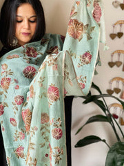 Aqua Blue Printed Kalamkari Dupatta in Chanderi Silk with Thread and Real Mirror Embroidery