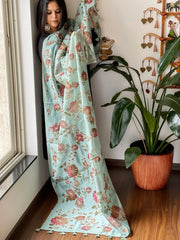 Aqua Blue Printed Kalamkari Dupatta in Chanderi Silk with Thread and Real Mirror Embroidery