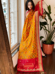 Yellow Handwoven Ikat Patola with Gotapatti & Pearl Handwork dupatta in Pure Silk