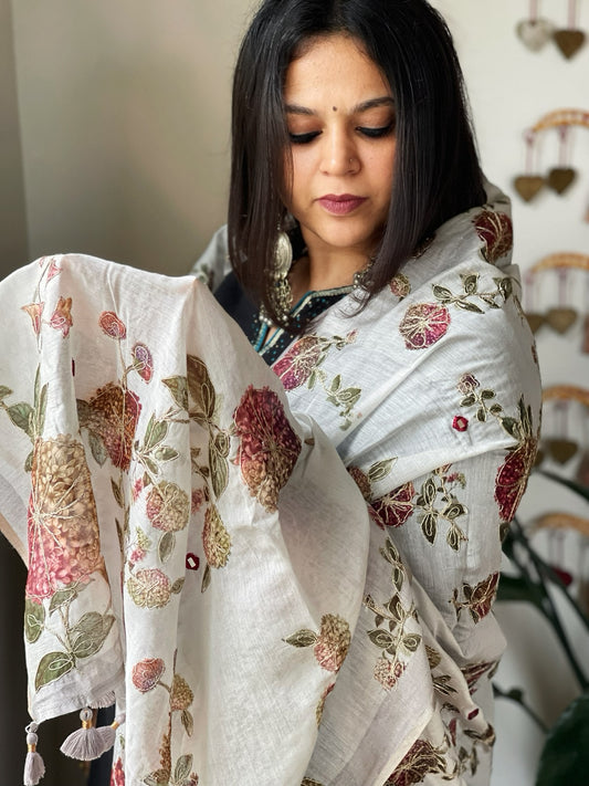 Lite Grey Printed Kalamkari Dupatta in Chanderi Silk with Thread and Real Mirror Embroidery