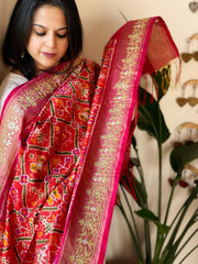 Orange, Pink Handwoven Ikat Patola with Gotapatti & Pearl Handwork dupatta in Pure Silk