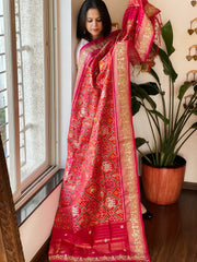 Orange, Pink Handwoven Ikat Patola with Gotapatti & Pearl Handwork dupatta in Pure Silk