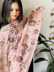 Pink Printed Kalamkari Dupatta in Chanderi Silk with Thread and Real Mirror Embroidery