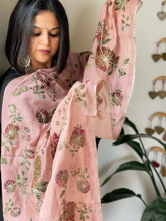 Pink Printed Kalamkari Dupatta in Chanderi Silk with Thread and Real Mirror Embroidery