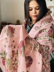 Pink Printed Kalamkari Dupatta in Chanderi Silk with Thread and Real Mirror Embroidery