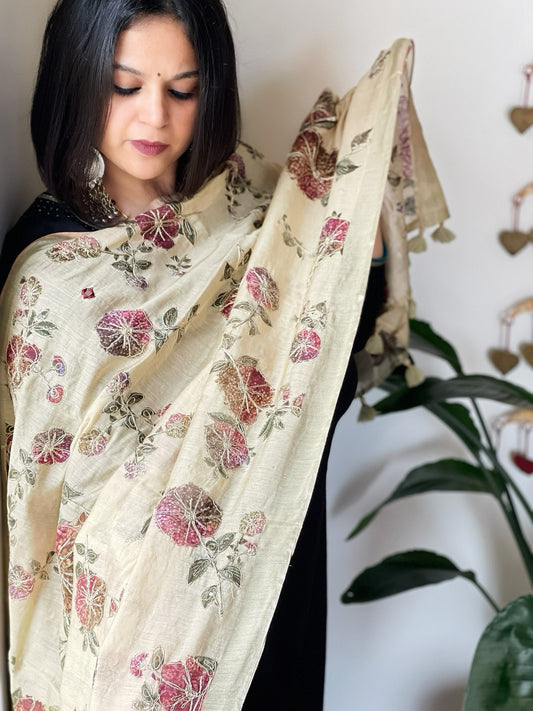 Beige Printed Kalamkari Dupatta in Chanderi Silk with Thread and Real Mirror Embroidery