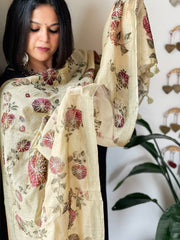 Beige Printed Kalamkari Dupatta in Chanderi Silk with Thread and Real Mirror Embroidery