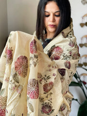 Beige Printed Kalamkari Dupatta in Chanderi Silk with Thread and Real Mirror Embroidery